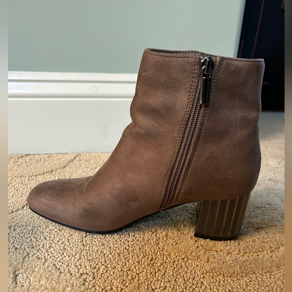 Women's Taupe Suede Block Heel Ankle Booties - Picture 3 of 6
